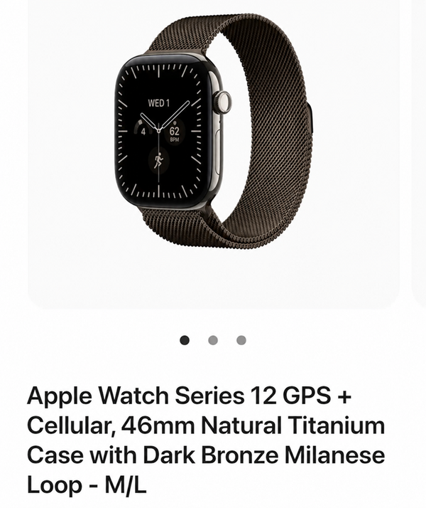 Apple Watch Series 12 46 mm — Natural Titanium, Dark Bronze Milanese Loop blur bg